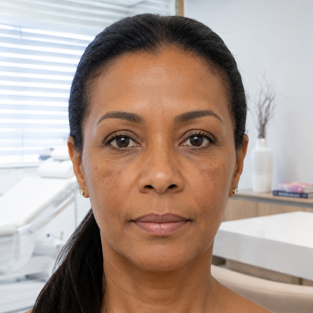 Mulher com manchas e pigmentação irregular na face em avaliação dermatológica