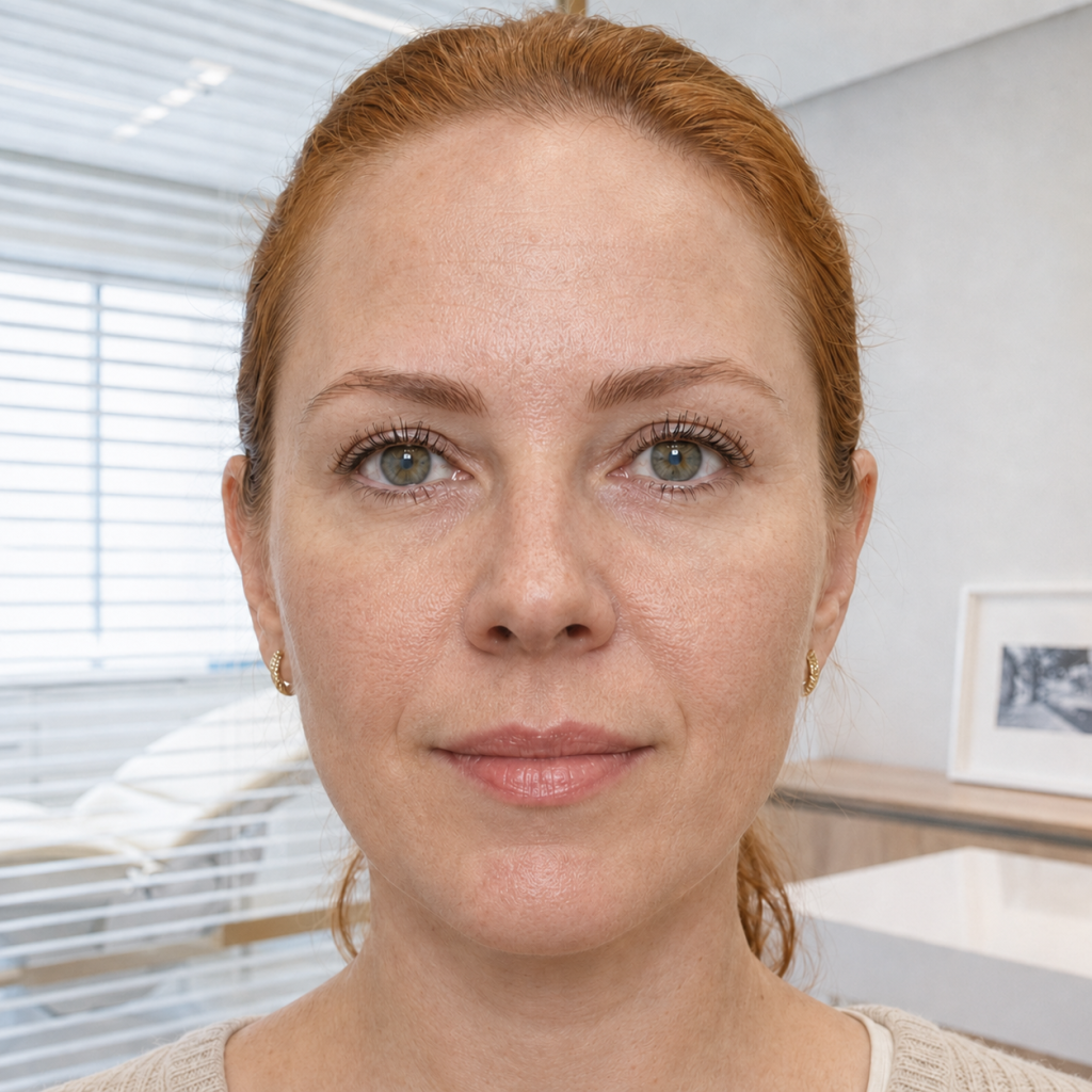 Mulher com textura irregular e poros aparentes em avaliação dermatológica
