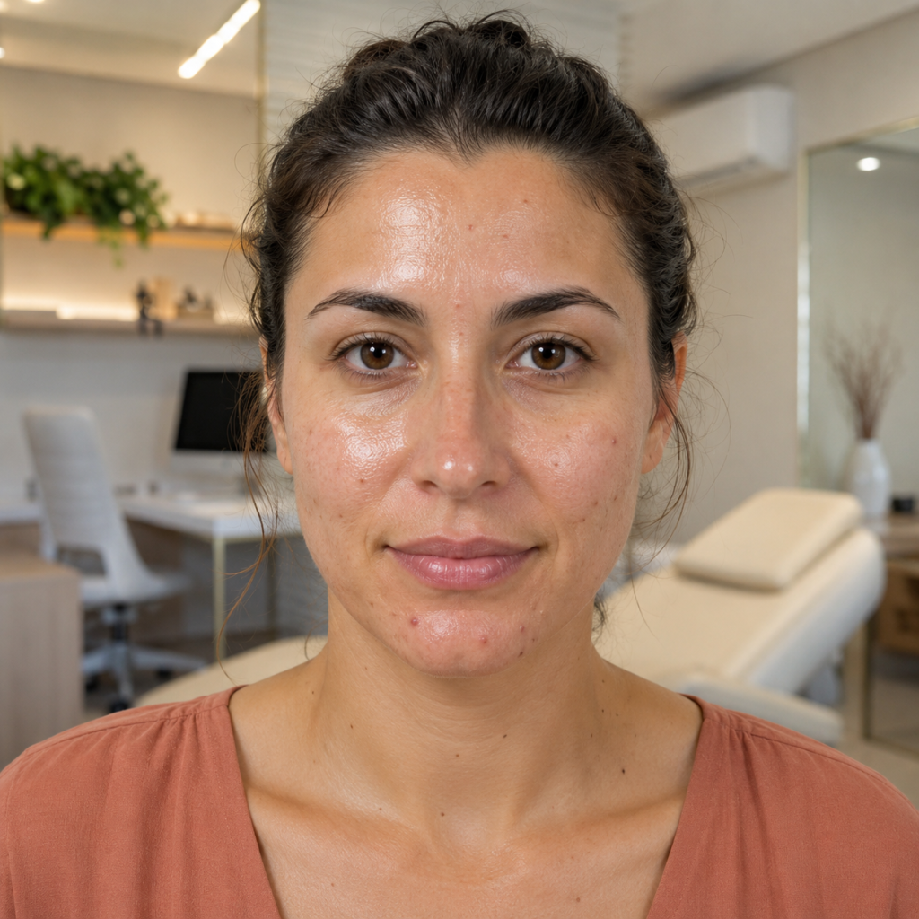 Mulher com pele oleosa, cravos e sinais de acne leve no rosto.