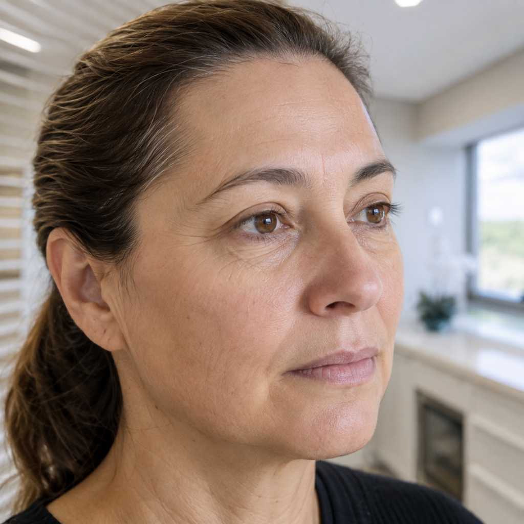 Mulher com linhas finas e pele enrugada ao redor dos olhos.