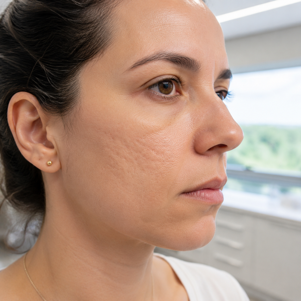 Mulher com cicatrizes atróficas de acne na bochecha.