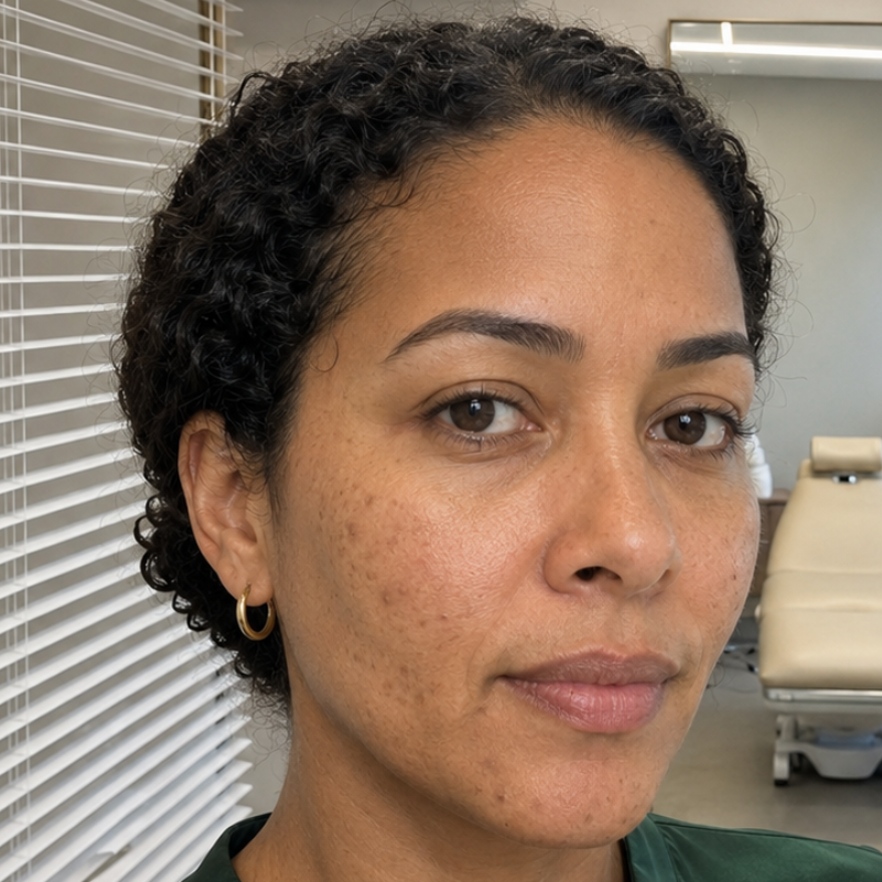 Mulher com marcas escuras de hiperpigmentação pós-inflamatória após acne no rosto.
