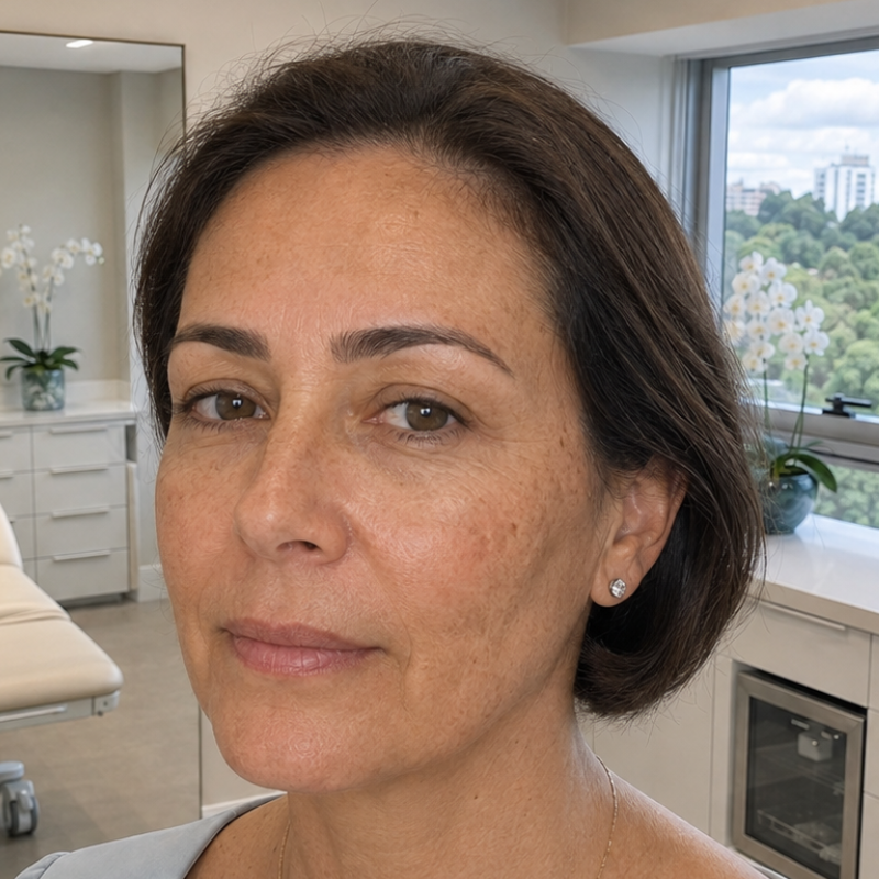 Mulher com melasma nas maçãs do rosto fotografada em clínica dermatológica em Porto Alegre.